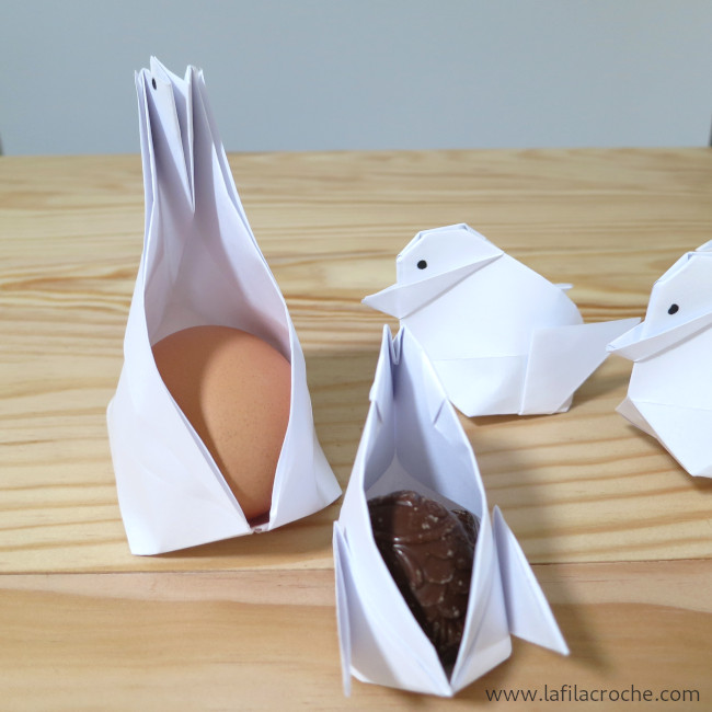 Boites poule et poussin origami garnies de chocolats