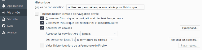 Capture gestion des cookies Firefox