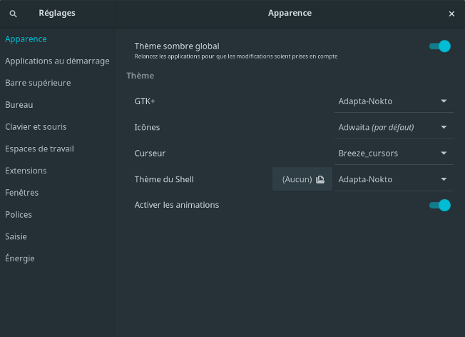Capture d'écran tweak-tool avec le thème Adapta Nokto