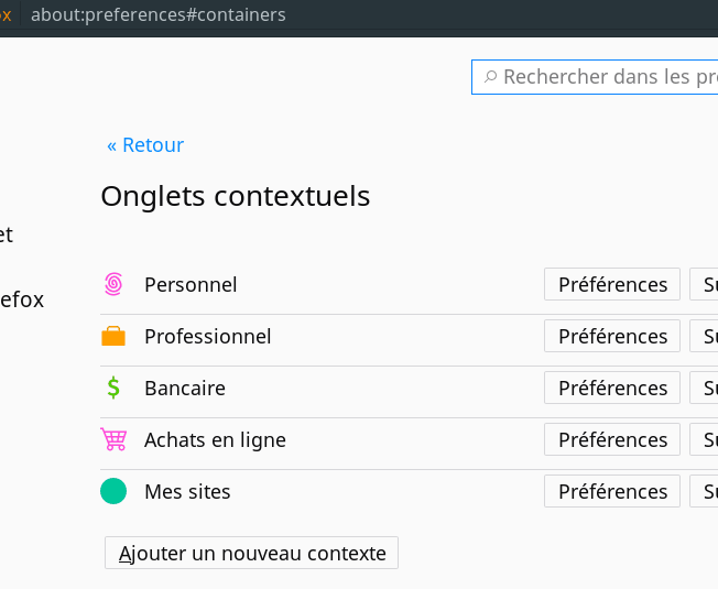 Capture à propos des onglets contextuels Firefox