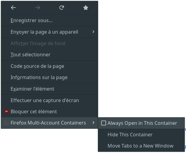 Capture définir l’ouverture d’un site dans un onglet contextuel Firefox