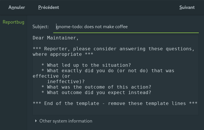 Bon en même temps ce n'est pas le rôle de Todo de faire le café. Capture reportbug debian 16