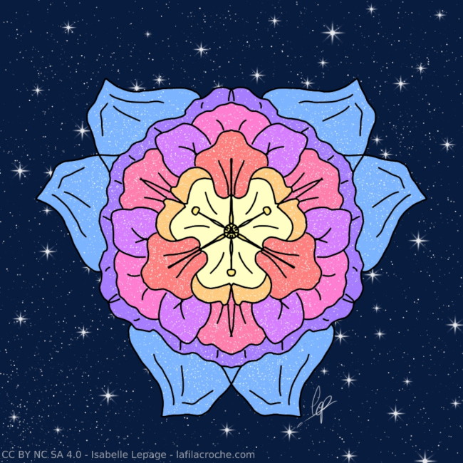 Dessin d’une fleur mandala sur fond de galaxie