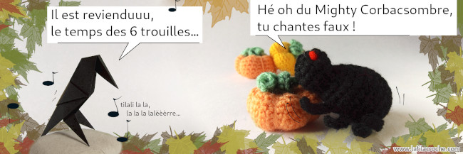 Montage photo corbeau origami et araignée au crochet