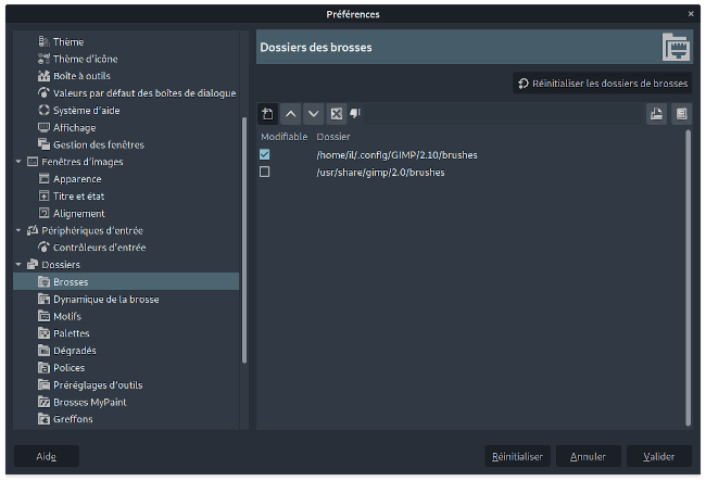 Capture écran des préférences de GIMP