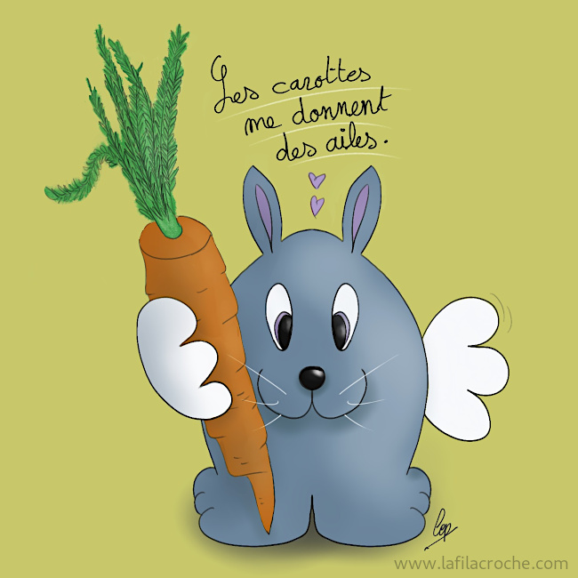 Dessin d’un lapin ailé qui tient une carotte