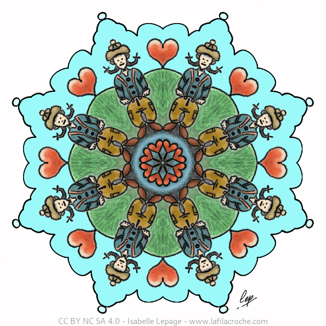 Dessin mandala avec une ronde de bonshommes et de cœurs