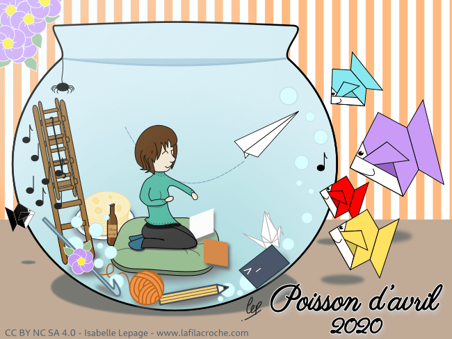 Illustration d’un humain dans un bocal avec des poissons en origami le regardant