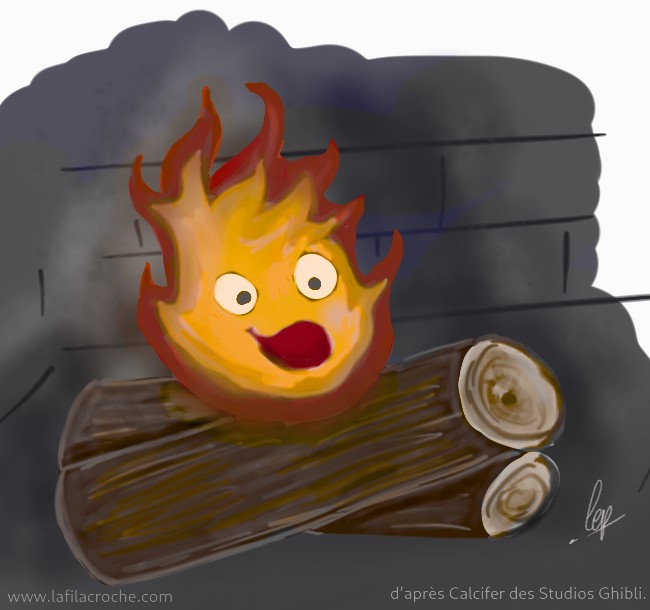Dessin de Calcifer sur deux bûches de bois dans l’âtre