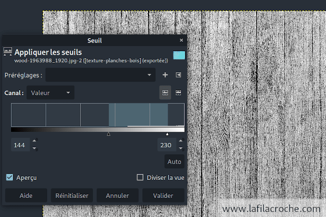 Capture d’écran du réglage du seuil pour la texture bois