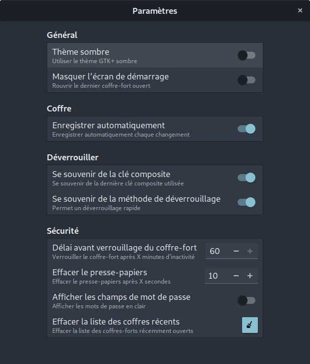 Fenêtre des préférences de GNOME Password Safe