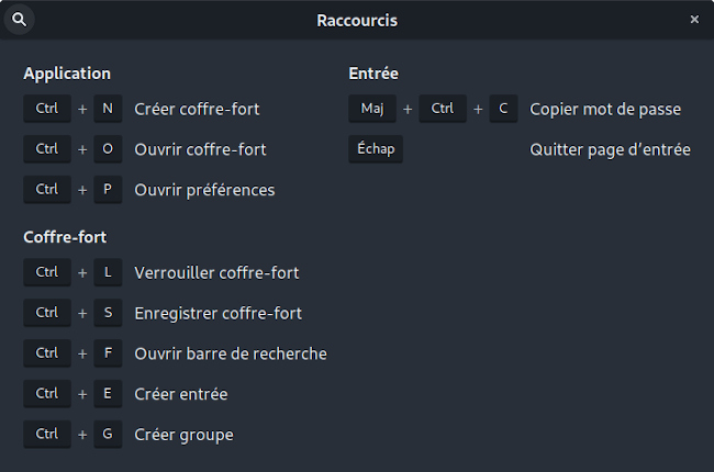 Capture écran des raccourcis clavier