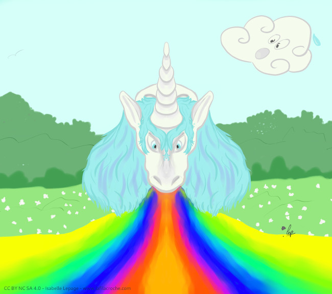 Dessin d’une licorne en train de vomir un arc en ciel