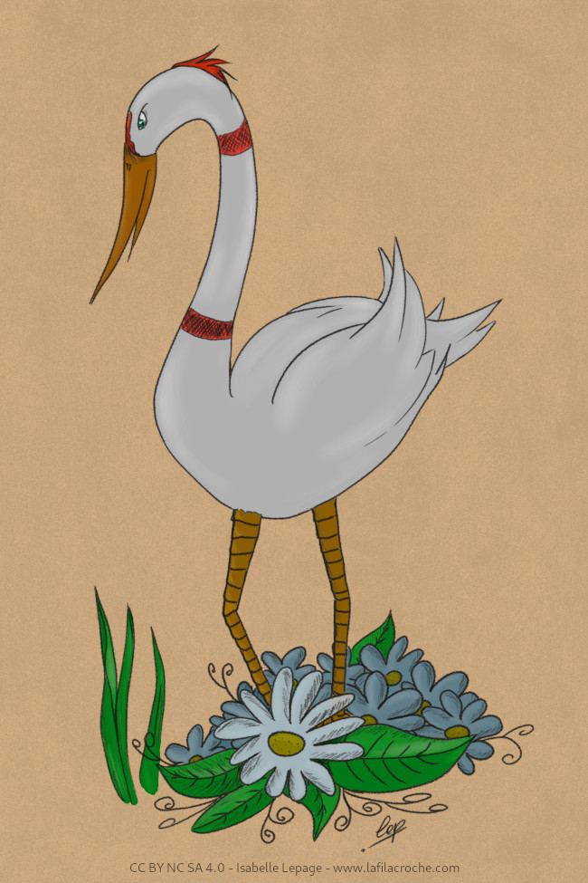 Dessin d’un héron fantaisiste une crête et deux colliers rouge, les pieds dans un parterre de fleurs