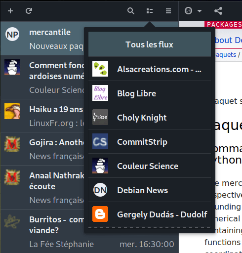 Capture écran du menu des flux