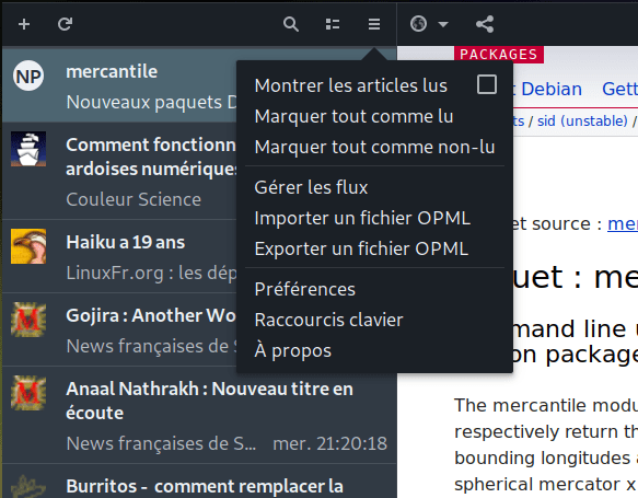 Capture écran du menu de Gnome-feeds