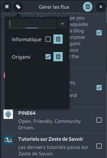 Capture écran de gestion des étiquettes pour les flux