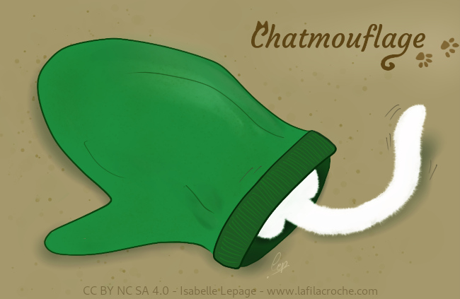 Dessin d’un chat blanc caché dans une moufle verte, avec juste la queue qui dépasse de la moufle
