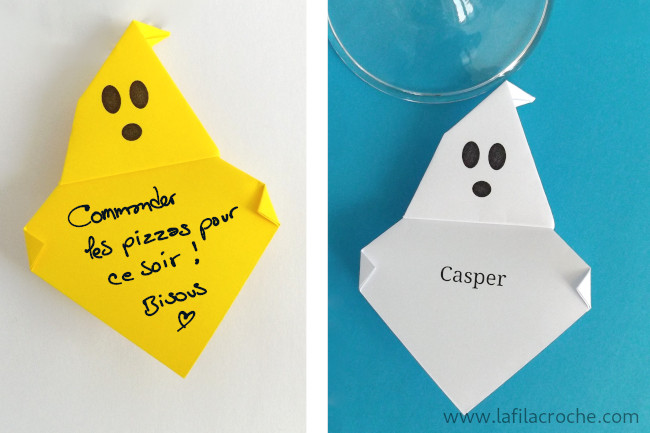 Fantôme origami utilisé comme pense-bête ou marque-place