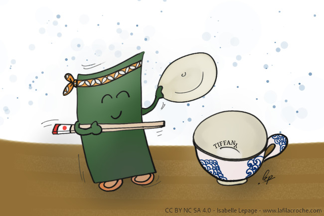 Dessin d’une feuille d’algue nori avec une baguette en guise d’épée et une soucoupe en guise de bouclier, prête à combattre une tasse en porcelaine