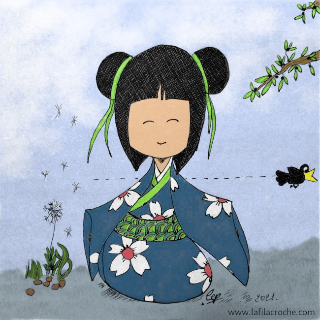 Dessin d’une poupée japonaise kokeshi coloriée
