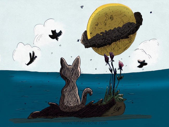 Dessin colorié d’un chat de dos observant la mer, les oiseaux et une grosse planète
