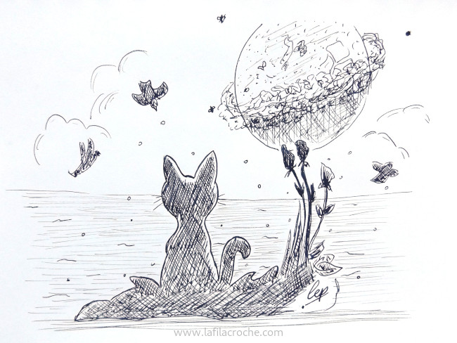 Dessin à l’encre noire d’un chat de dos observant la mer, les oiseaux et une grosse planète