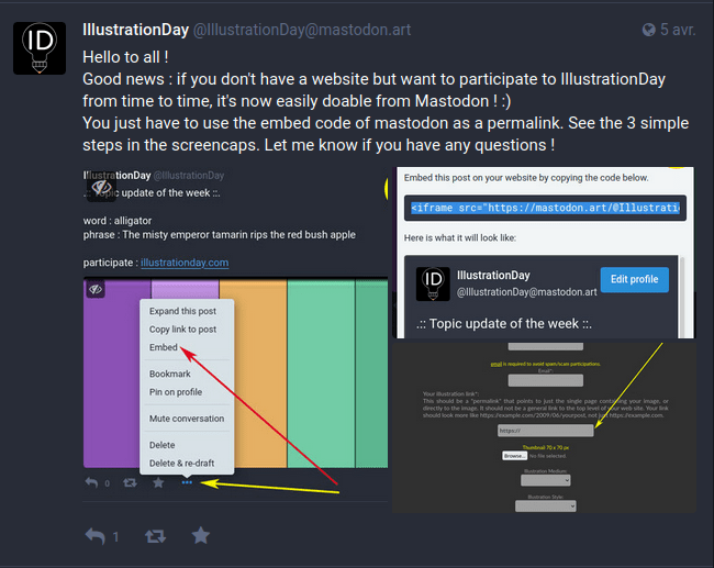 Capture d’écran de l’annonce sur Mastodon pour participer à Illustration Day