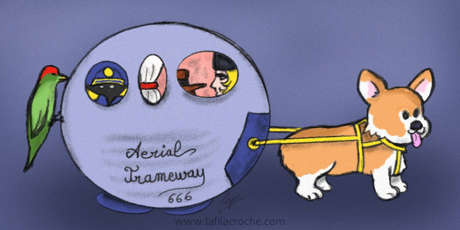 Illustration pivert derrière un tramway aérien tiré par un chien corgi