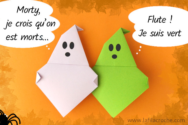Deux fantômes en origami, un mauve et un vert. Le mauve dit « Marty, je crois qu’on est morts… ». Le vert lui répond « Flute ! Je suis vert »