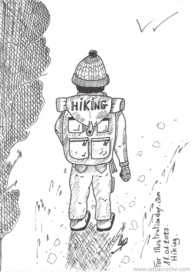 Dessin à l’encre noire représentant un randonneur vu de dos et portant un sac à dos volumineux