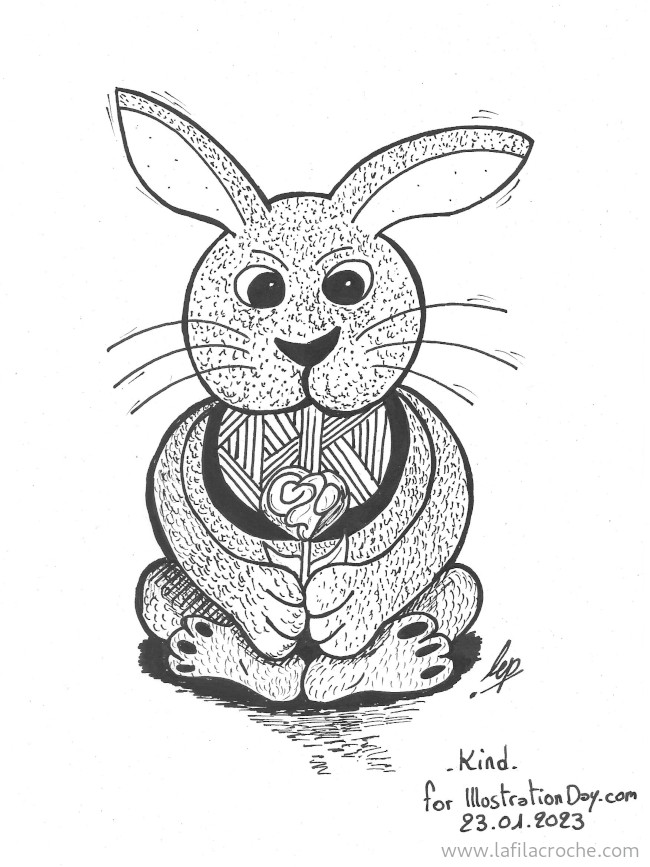 Dessin d’un lapin assis en tailleur à l’encre noire, il tient une fleur entre ses pattes avant
