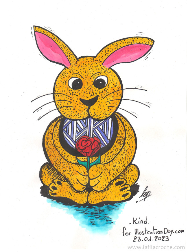 Dessin en couleurs d’un lapin assis en tailleur et tenant une fleur entre ses pattes avant