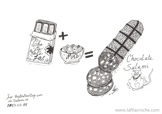 dessin d’une tablette de chocolat, d’un bol de noix et d’un salami en chocolat