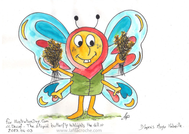 Un papillon à l’air idiot tient deux bouquets d’aneth dans ses mains