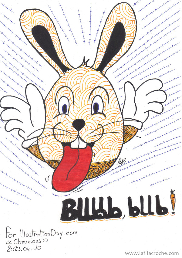 Dessin d’un œuf de Pâques lapin qui tire la langue en mettant ses mains vers ses joues