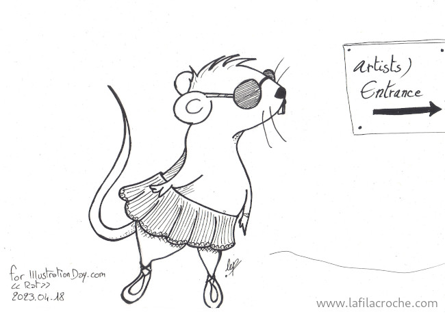 Un rat avec un tutu et des lunettes de soleil dessiné à l’encre noire