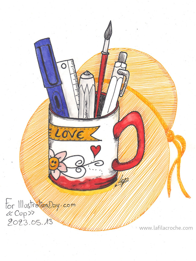 Dessin d’un mug rempli de deux stylo-plumes, d’une règle graduée d’un porte-mine et d’un pinceau.