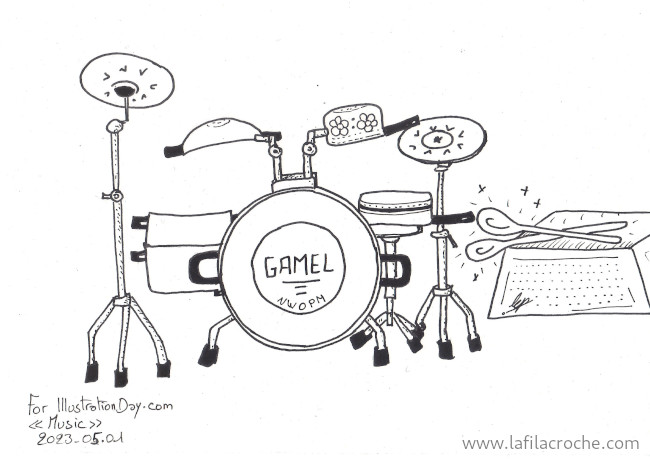 Dessin d’une batterie de musique composée de casseroles
