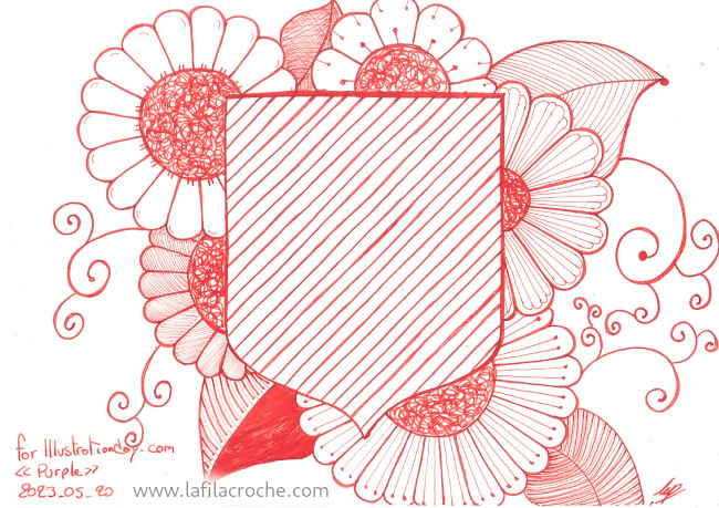 Dessin à l’encre rouge représentant un blason pourpre avec des grosses fleurs en arrière plan