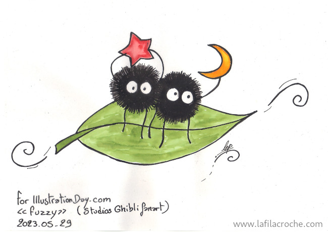 Dessin de deux noireaudes sur une feuille végétale, l’une tient une étoile et l’autre un croissant de lune.