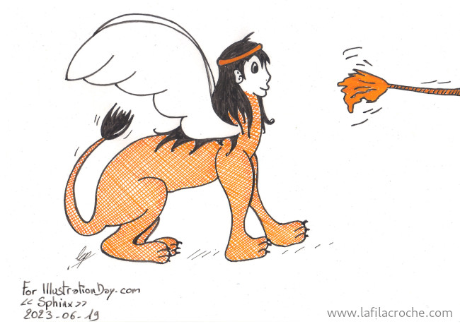 Un sphinx d’inspiration greque est attiré par un jouet « plumeau » pour chat agité devant son nez