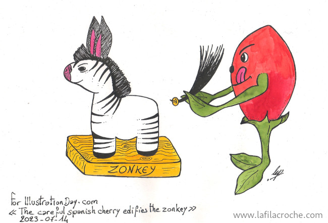 Dessin illustrant une cerise espagnole qui s’apprête à placer soigneusement la queue sur une représentation d’un zébrâne