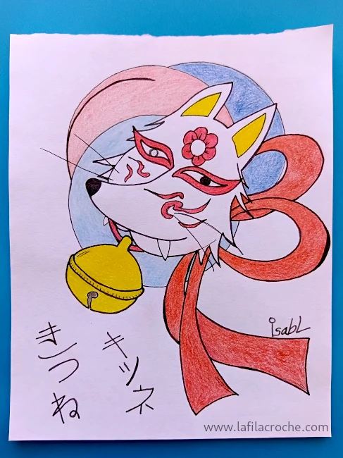 Dessin d’un masque de renard du folklore japonais