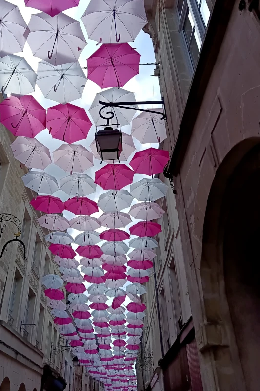 Des parapluies blancs et roses accrochés au-dessus d’une rue de Laon