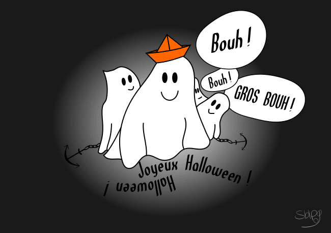 Un dessin sur fond noir qui représente quatre fantômes souriants, tous de draps blanc vêtus, qui disent « Bouh ! ». Le plus gros fantôme à un chapeau en papier plié orange sur la tête, sous les fantômes est écrit Joyeux Halloween !