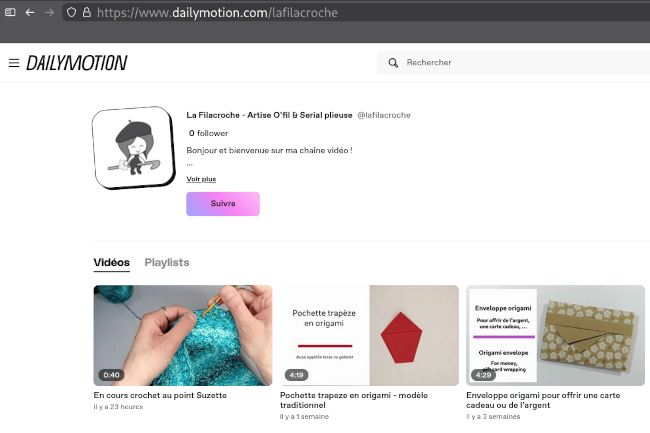 Capture d’écran de ma chaîne sur Dailymotion